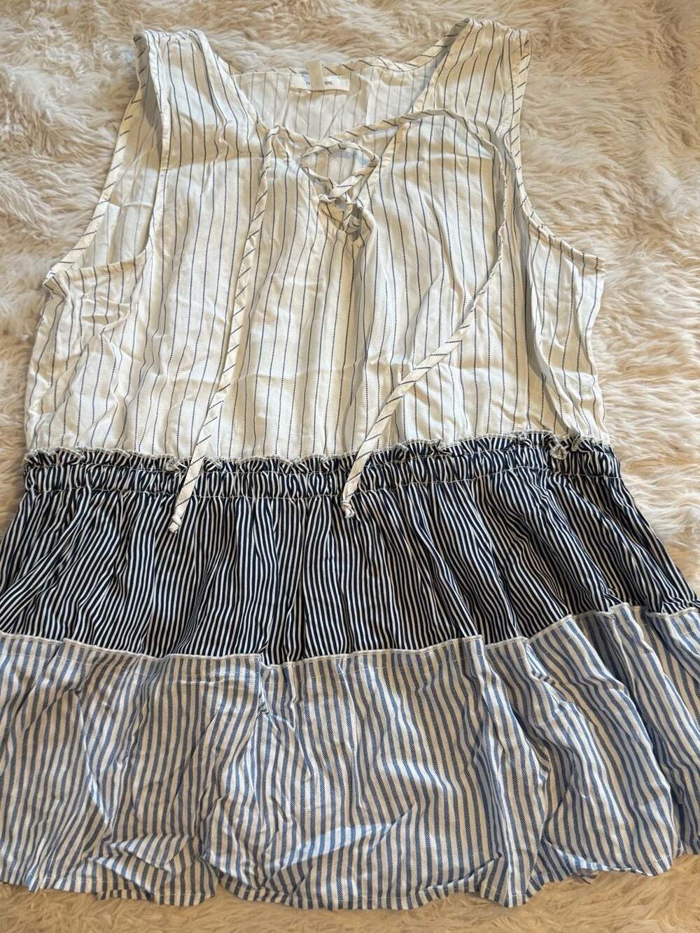 Maurices Sleeveless Top Size M Blue White Striped Tiered Ruffle